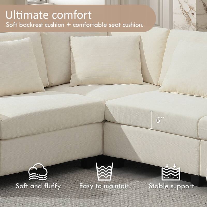 U Shaped Sectional Sofa with Ottoman, Chenille 6 Seater Sofa with Hidden Armrest Storage, Cup Holders & USB Charging Ports