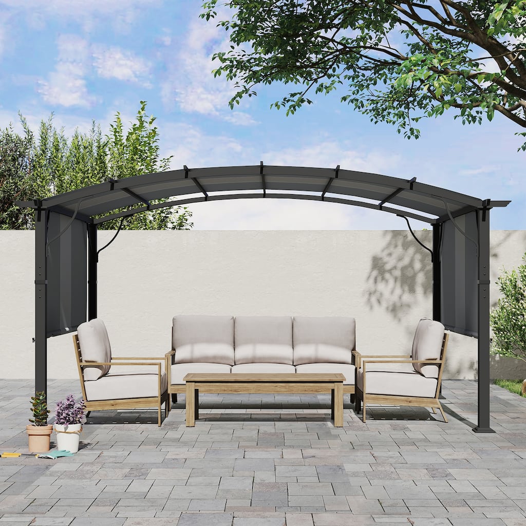 Aluminum Outdoor Pergola with Slightly Arched Canopy and Retractable Shade