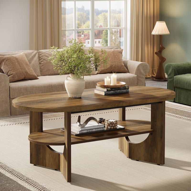 47.24" Oval Coffee Table with 2 Tiers of Shelves, Farmhouse Wooden Center Table
