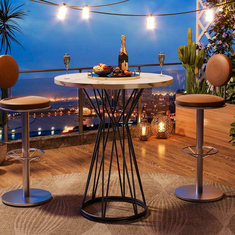 Faux Marble Bar Table, High Top Bistro Pub Cocktail Accent Table for Dining Room Coffee Shop Bar Party Kitchen - Balck+White