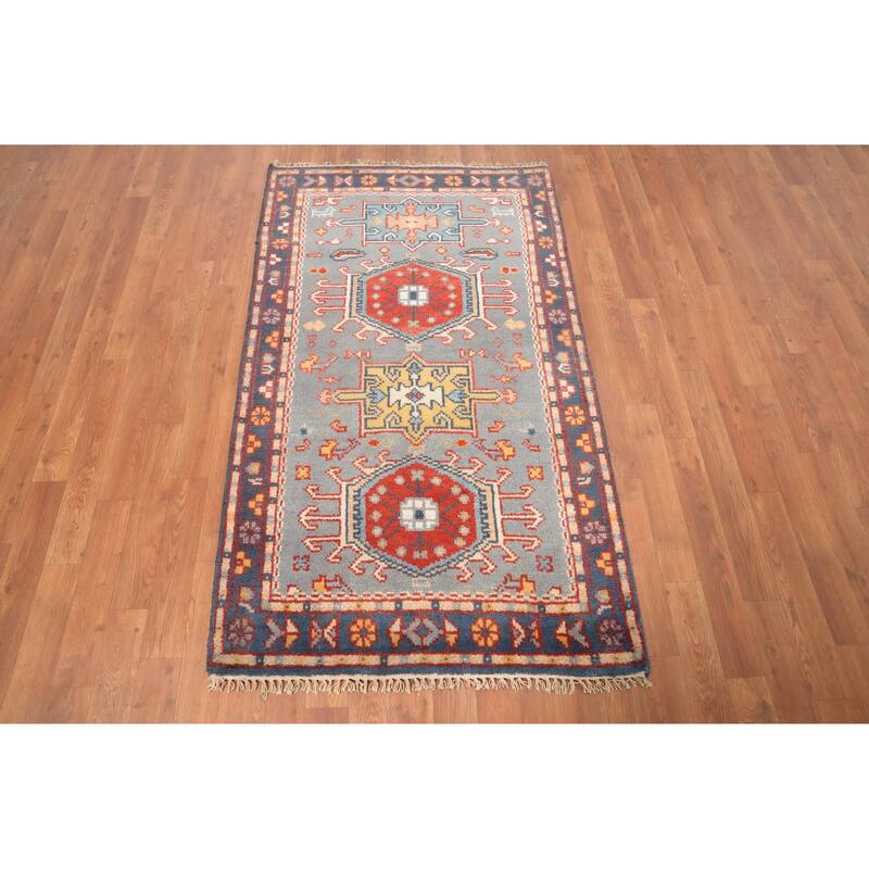 Hand Knotted Oriental 100% Wool Carpet Traditional Geometric Navy Blue & Blues Kazak Area Rug - 5' 1'' X 2' 11''