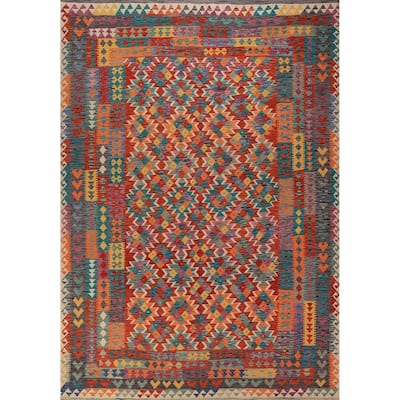 Kilim Area Rug Hand-Woven Living Room Wool Carpet - 8'0" x 11'5"