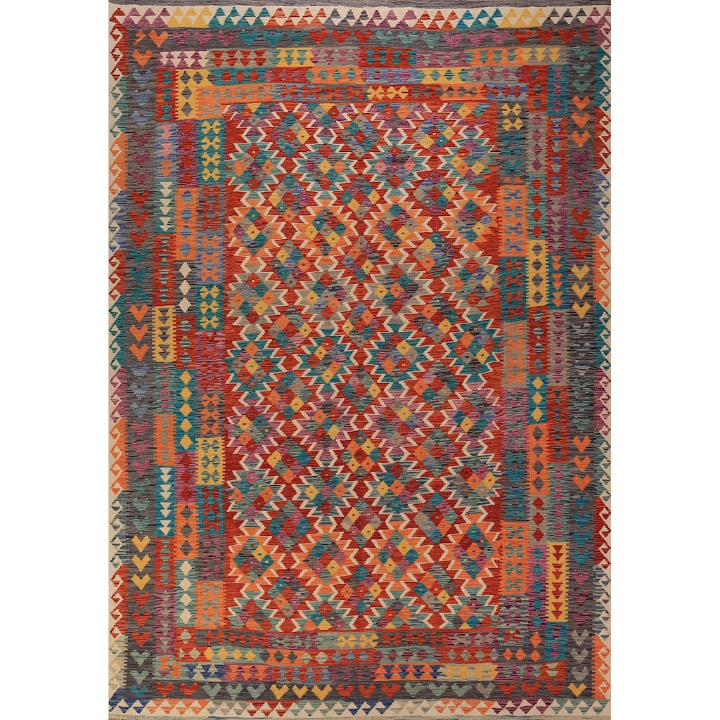 Kilim Area Rug Hand-Woven Living Room Wool Carpet - 8'0" x 11'5"