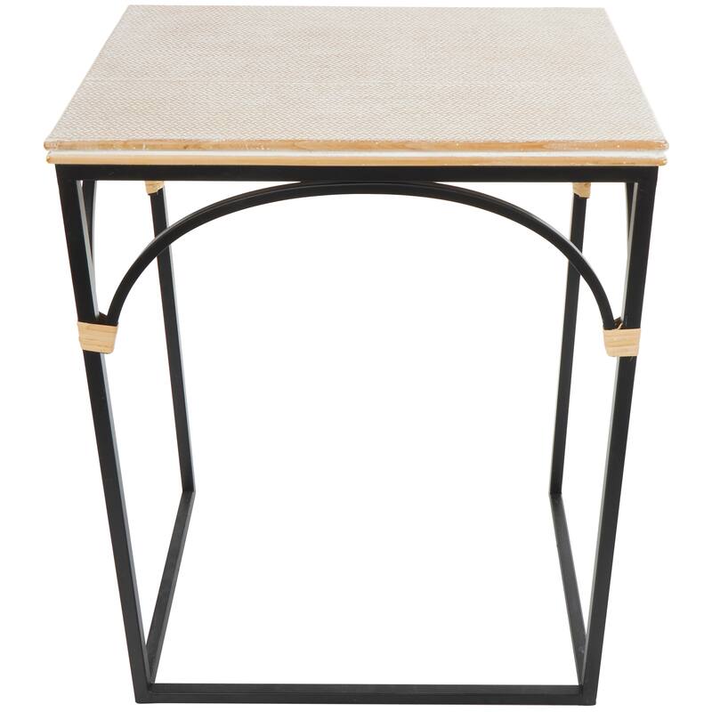 Black Metal Arched Accent Table with Wood Zig Zag Patterned Top and Rattan Accents (Set of 2)