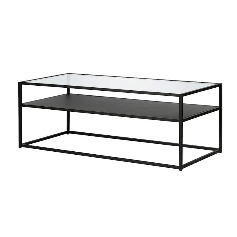 46 Inch Black Glass Coffee Table with Steel Base and Storage Shelf - 46” x 20” x 17”
