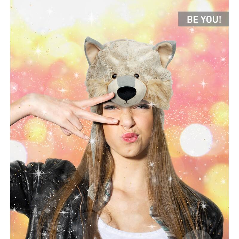 DolliBu Farm Plush Hats Set of 4 – Bunny, Wolf, Pug Dog, Pig Warm Hat - One Size