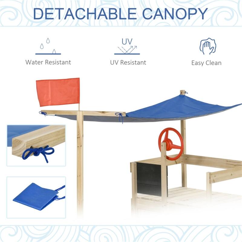 Children’s Boat Sandbox with Canopy Blackboard Rudder and Side Seats for Kids Ages 3 to 8 Years - 70.75" L x 36" W x 56.75" H