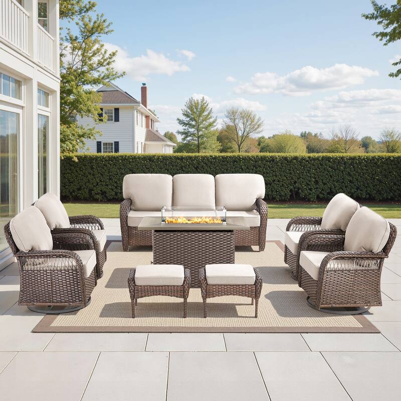 Pocassy Patio Sofa Ottoman Swivel Chair Table with Fire Table Set. - Brown Wicker Beige Cushion - 8-Piece Sofa Swivel Chair Ottoman w/ Fie Table