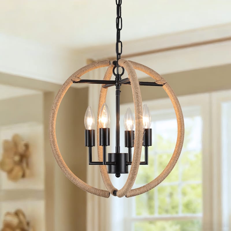 4-Light Beige Brown Hemp Rope Globe Chandelier - Beige Brown - Beige Brown