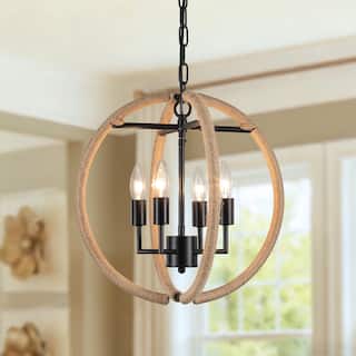 4-Light Beige Brown Hemp Rope Globe Chandelier - Beige Brown