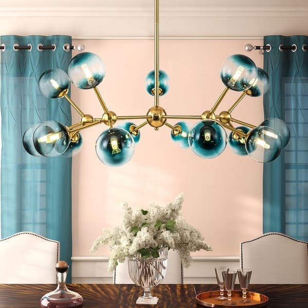 slide 2 of 14, 15-Light Modern Large Sputnik Glass Chandelier Cluster Blue Glass Bubble Pendant Light for Dining Room - 40.2 in. W x 13.8 in. H Brass