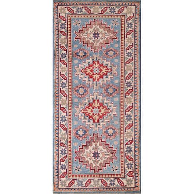 Light Blue Geometric Kazak Accent Rug Hand-Knotted Wool Carpet - 2'7" x 6'4"