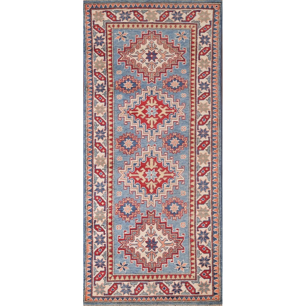 Light Blue Geometric Kazak Accent Rug Hand-Knotted Wool Carpet - 2'7" x 6'4"