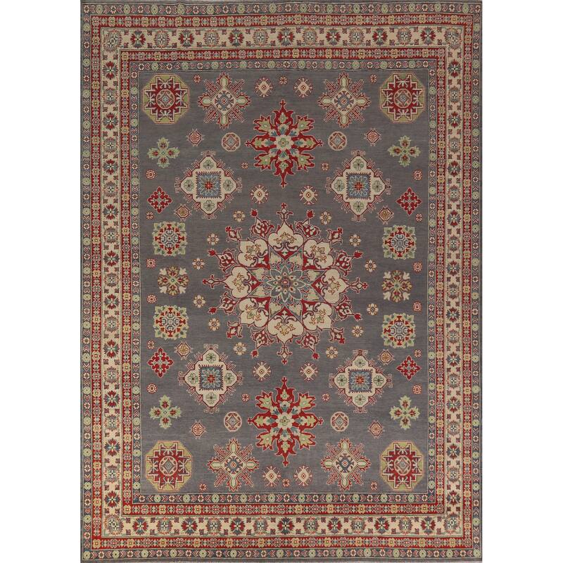 Hand Knotted Oriental 100% Wool Carpet Traditional Geometric Greys & Charcoal Kazak Area Rug - 11' 11'' X 9' 0''