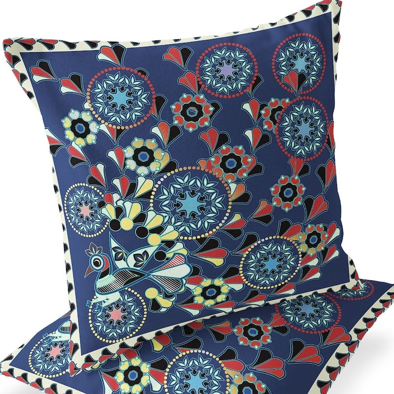 HomeRoots Set of Two 16" X 16" Blue and Off White Peacock Blown Seam Floral Indoor Outdoor Throw Pillow