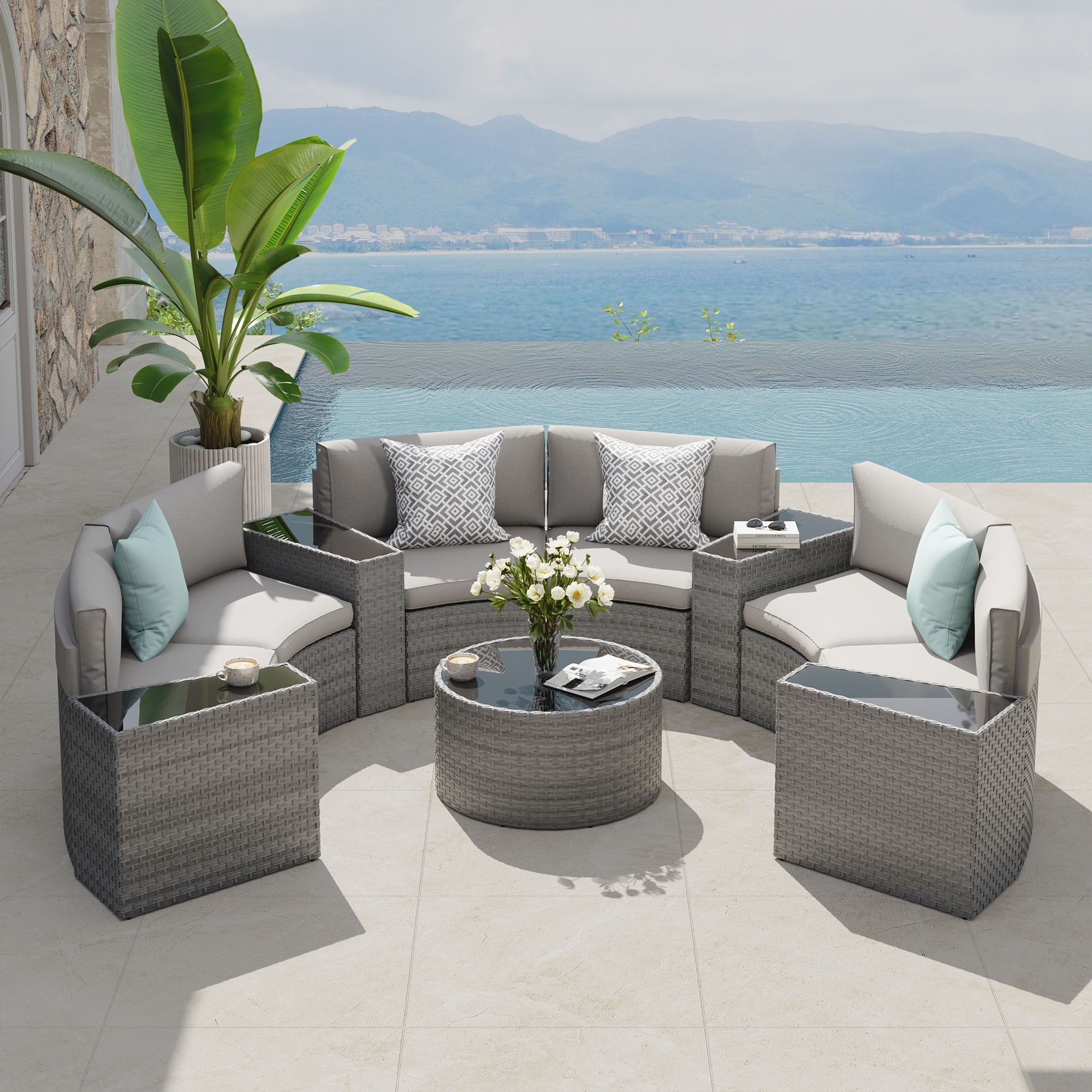 11-Piece Curved Wicker Outdoor Sectional Sofa Set, Outdoor Conversation Sofa Set, Round Table & Side Table, with Cushions