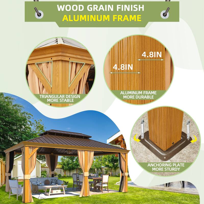 Outdoor Hardtop Gazebo, Wooden Finish Coated Aluminum Frame w Galvanized Steel Double Roof with Premium Curtains and Netting