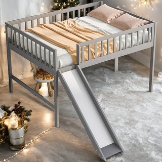 Full Size Low Loft Bed with Ladder and Slide, Space-saving, Gray
