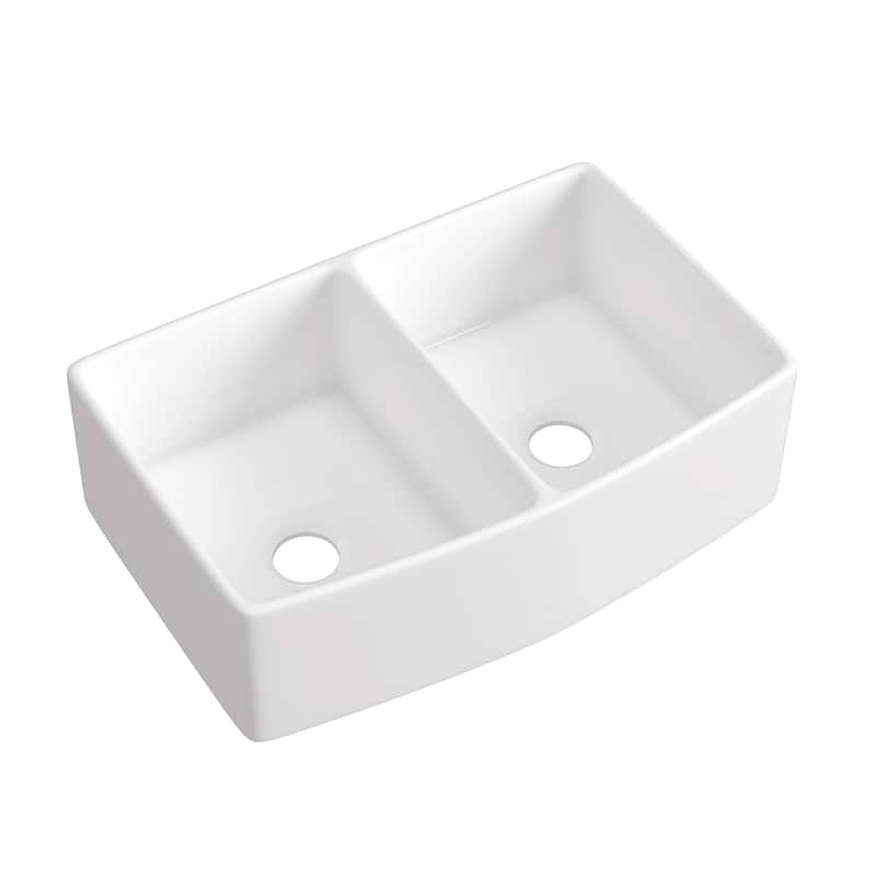 Premium White Fireclay Curved Apron Front Kitchen Sink for Home, Farmhouse (Grid & Strainer Included)