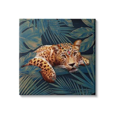 Stupell Industries Tropical Leopard Glitz Gem Safari Cat Jungle Plants Canvas Wall Art - Orange
