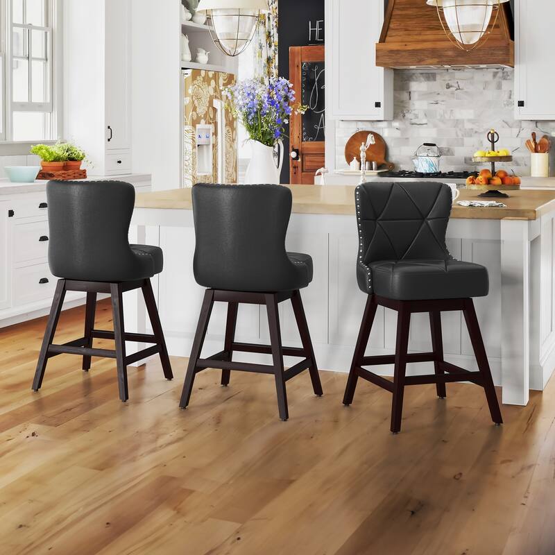 26 in. H Counter Height Barstools Modern Upholstered 360 Free Swivel Counter Stools with Footrest - Set of 3 - Black