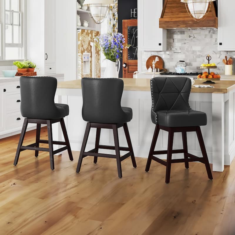 26 in. Mid-Century Modern Swivel Bar Stools Faux Leather and Linen Counter Stools with Wood Frame（Set of 3） - 20"W x 20"D x 39"H - Black