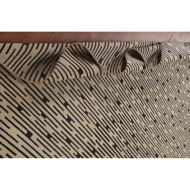Striped Beige Nepalese Indian Area Rug Hand-Knotted Wool Carpet - 9'0" x 11'8"