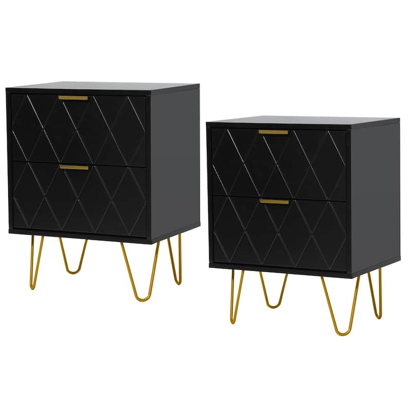 Modern Set of 2 Nightstands with Metal Legs 2-Drawer Bedside Table - Black-Medium