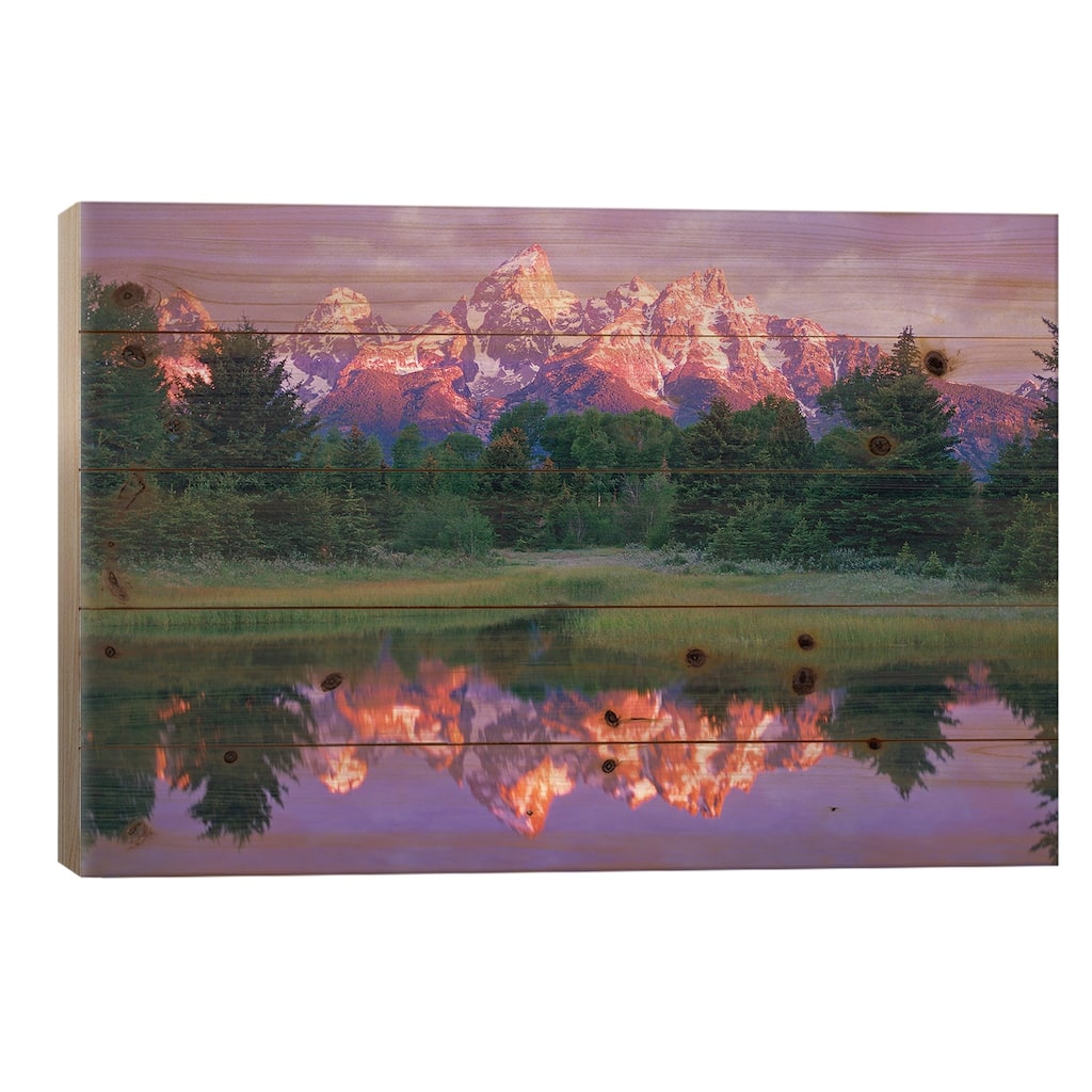 Grand Teton Range And Cloudy Sky At Schwabacher Landing, Grand Teton National Park, Wyoming Print On Wood by Tim Fitzharris
