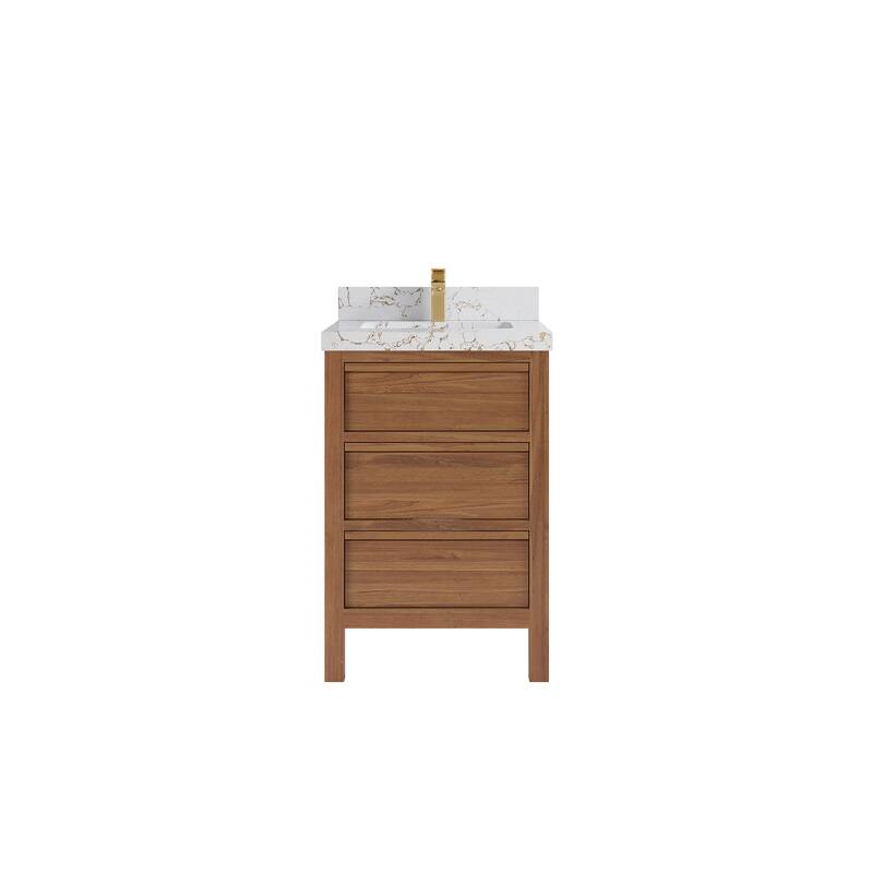 Willow Collections 24 x 22 Elizabeth Teak Single Bowl Sink Bathroom Vanity with Quartz or Marble Countertop