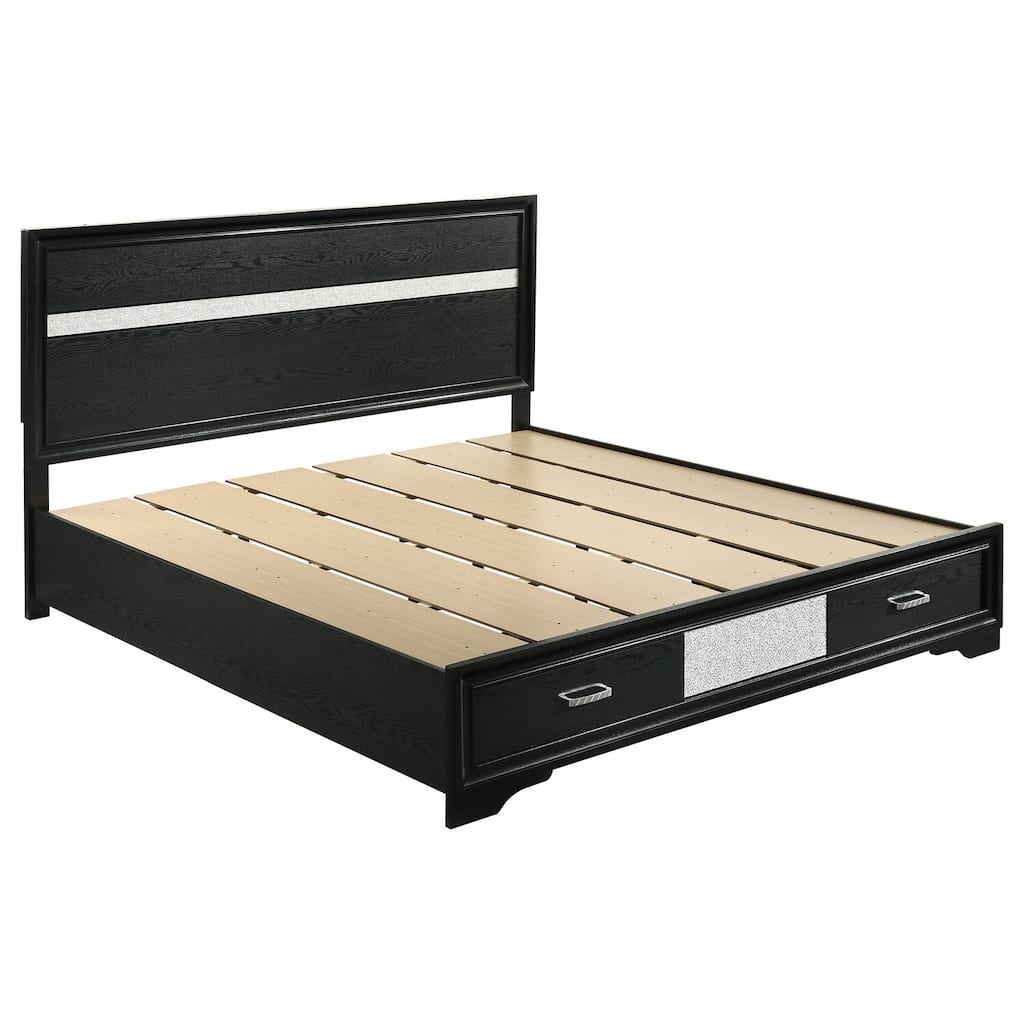 Eastern King Storage Bed with 2 Dovetail Drawers, Black Finish, Functional Footboard Storage, Elegant Look