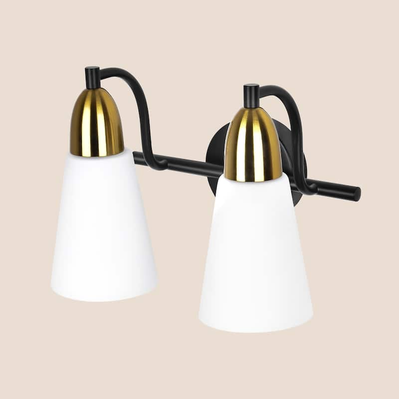 Modern Black Bathroom Vanity Light with Frosted Glass Shades & Gold Accent, Minimalist Wall Sconces