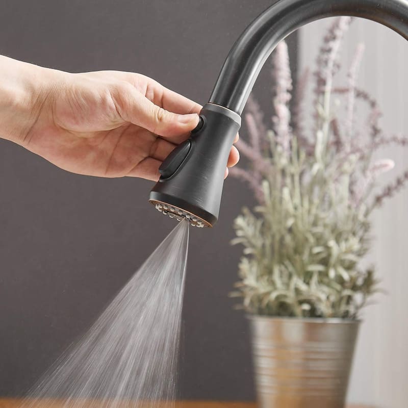 Singe Handle Pull Down Bronze Kitchen Faucet with Three Functions Sprayer - 2.28-in W x 15.9-in H