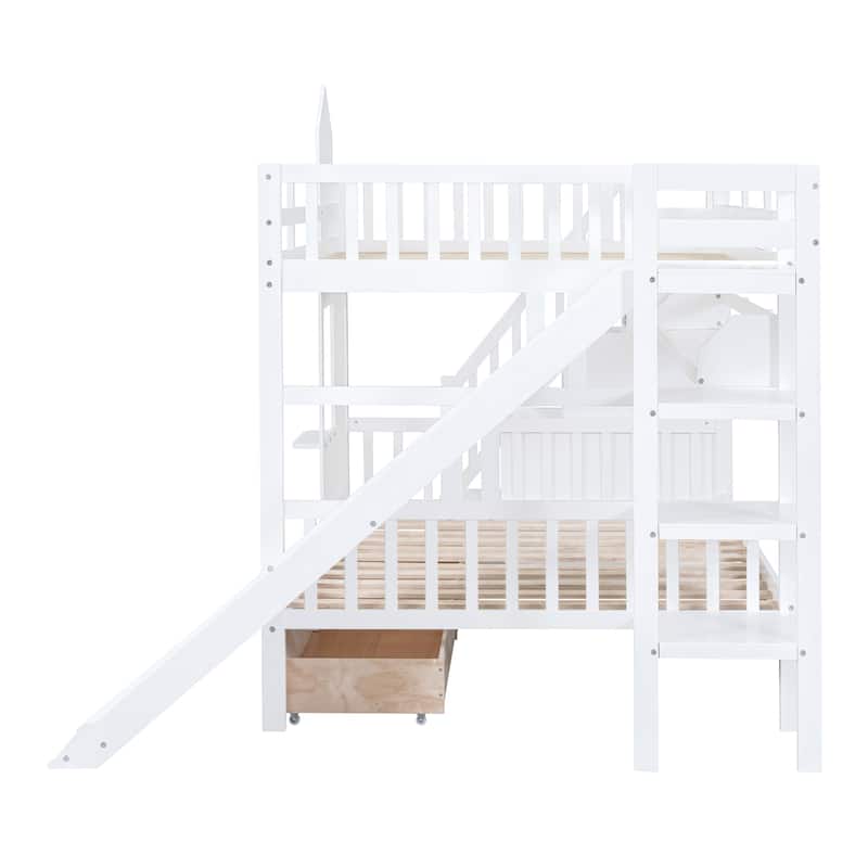 Full-Over-Full Bunk Bed with Slide, Storage Drawers and 3-Tier Shelves, Wood Kids Playhouse Bunkbed Frame for Bedroom, White