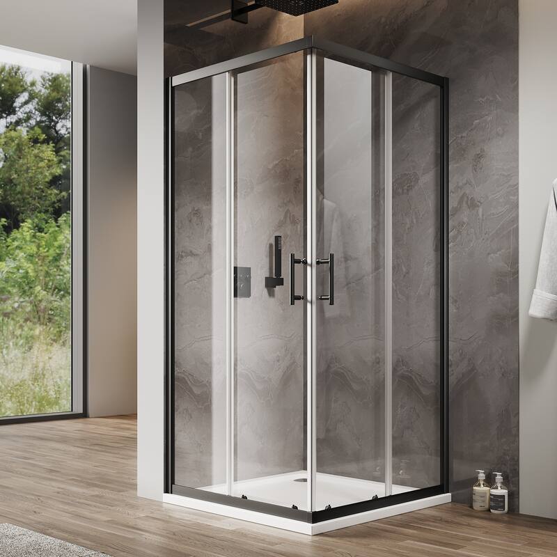 Elegant 34" W x 34" L x 72" H Corner Entry Shower Enclosure Sliding Shower Doors - Black