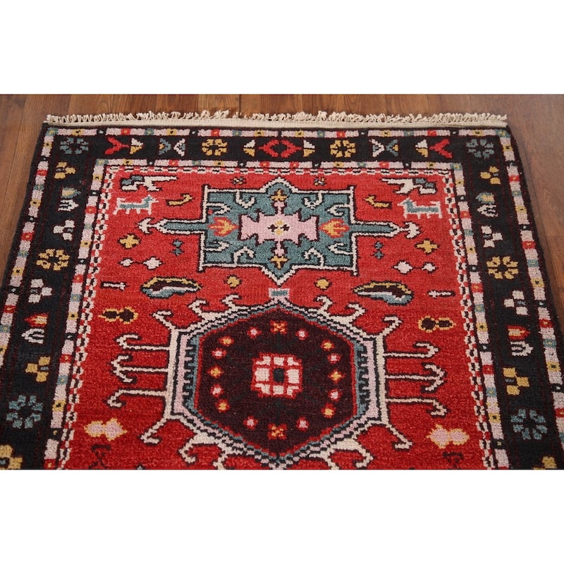 Geometric Kazak Indian Area Rug Hand-knotted Wool Carpet - 2'11"x 5'0"