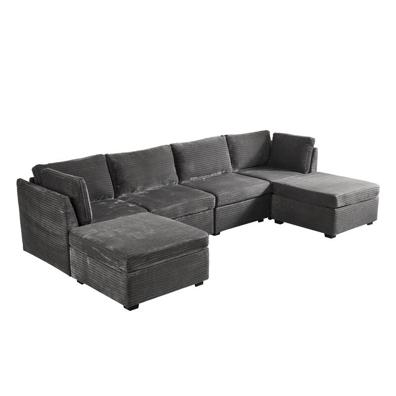 HOOOWOOO Modular U-shaped Corduroy Fabric Sectional Sofa Couch with Ottoman