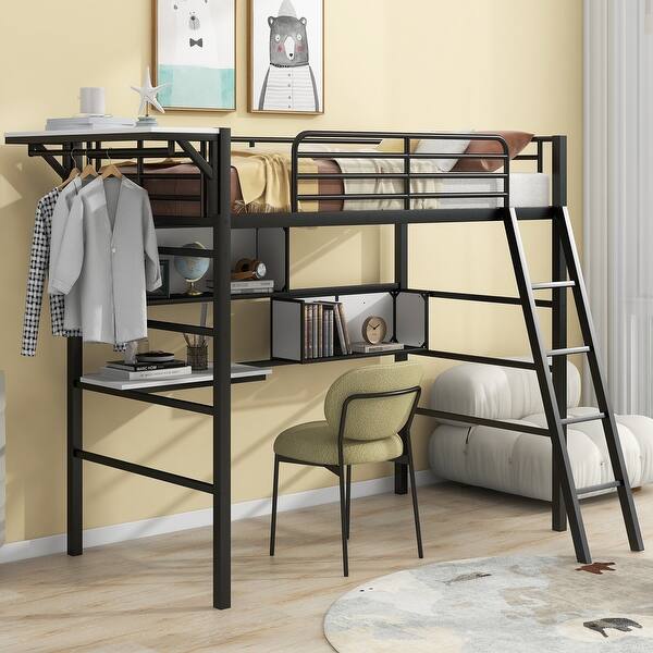 slide 2 of 8, Twin Metal Loft Bed with Desk, Shelves, and Clothes Rack Black - Twin