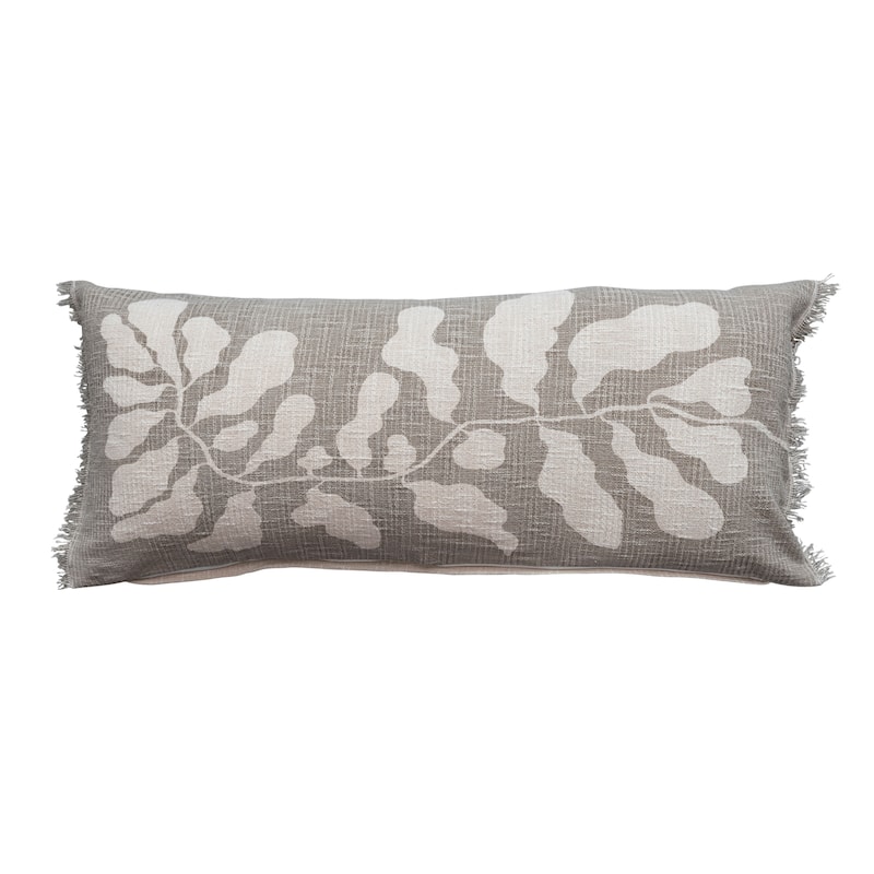 Cotton Lumbar Pillow with Botanical Print and Fringe - 36.0"L x 16.0"W x 2.0"H - Tan