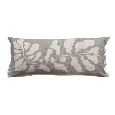 Cotton Lumbar Pillow with Botanical Print and Fringe - 36.0"L x 16.0"W x 2.0"H