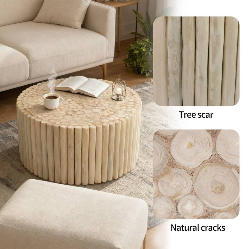 Handcrafted Round Teak Wood Log Coffee Table Accent Side Table