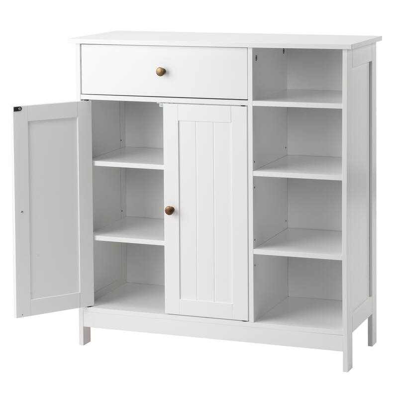 Freestanding White MDF Bathroom Storage Cabinet with Drawer and 2 Adjustable Shelves for Small Essential