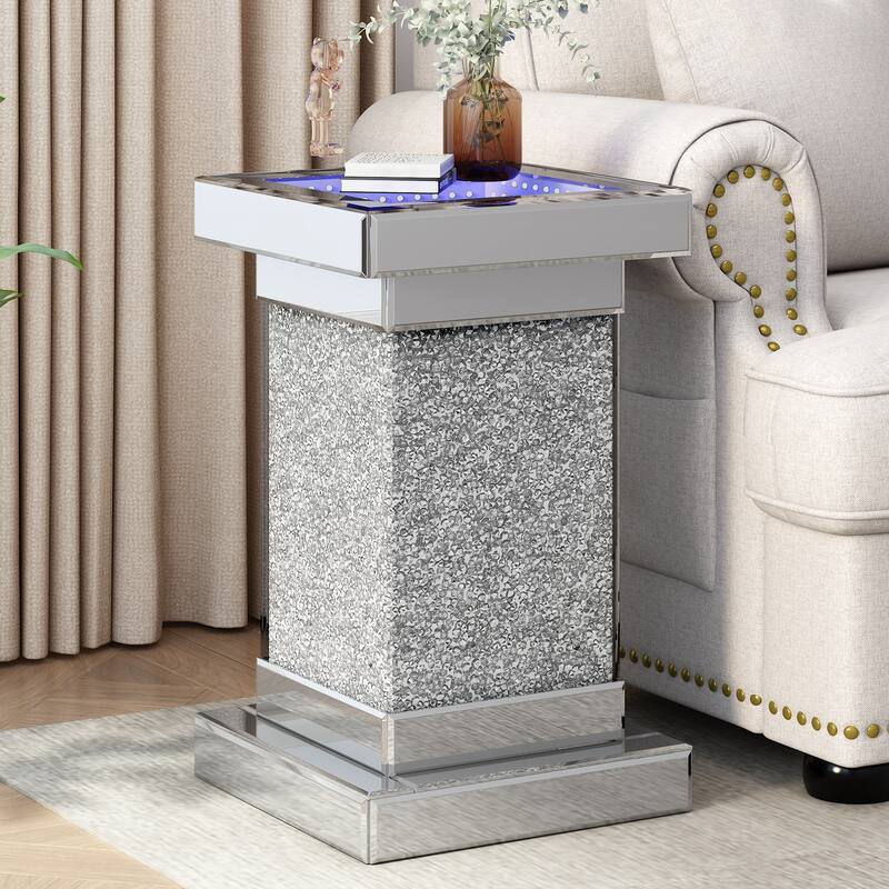 11.8" Modern Square Mirrored End Table with LED lights and Crushed Diamond - Silver