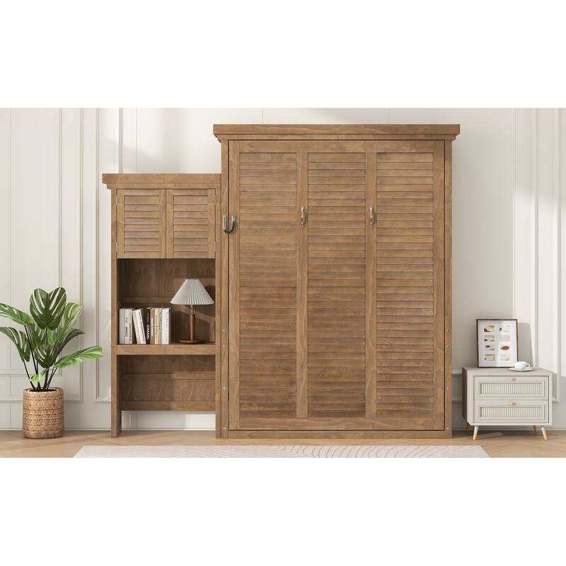Queen Size Murphy Bed Convertible Louvered Style Cube Cabinet Foldable Platform Bed with Side Storage Bookcase Cabinet Shelves