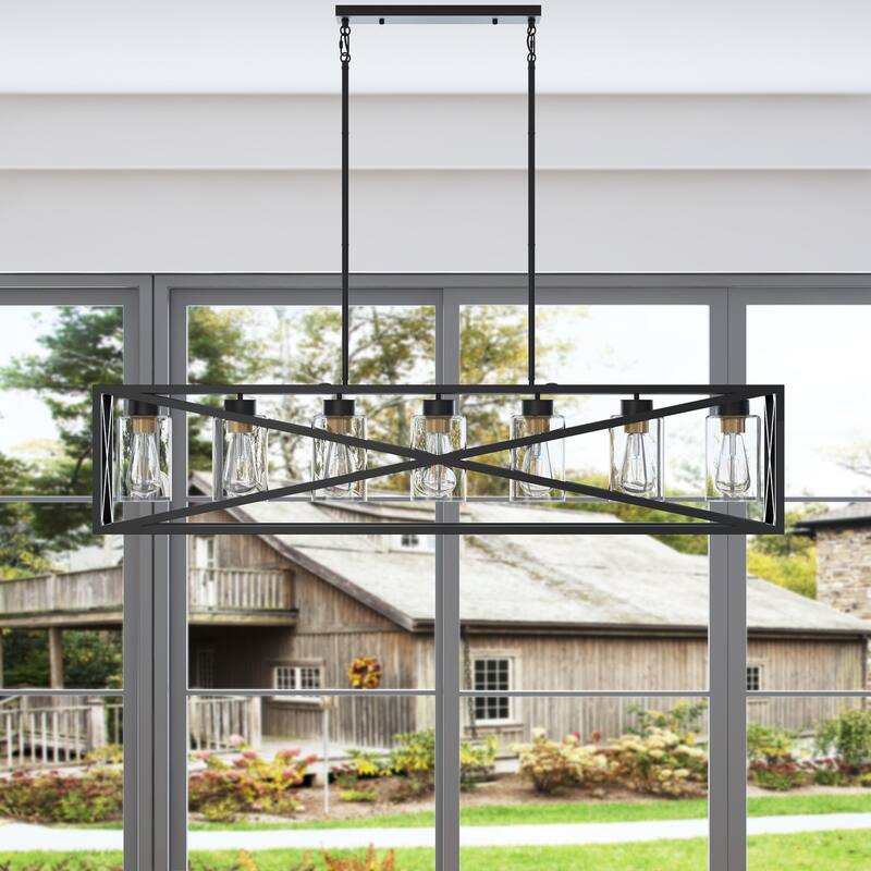 Industrial Black 7-Light Durable Rectangular Iron Frame Kitchen Island Chandelier