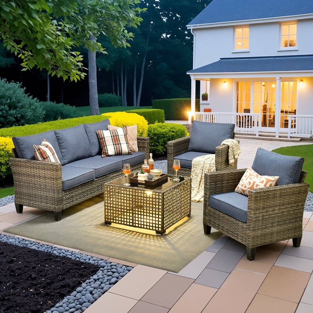 OVIOS 4 Pieces Patio Furniture Wicker Set with Solar-Powered Coffee Table