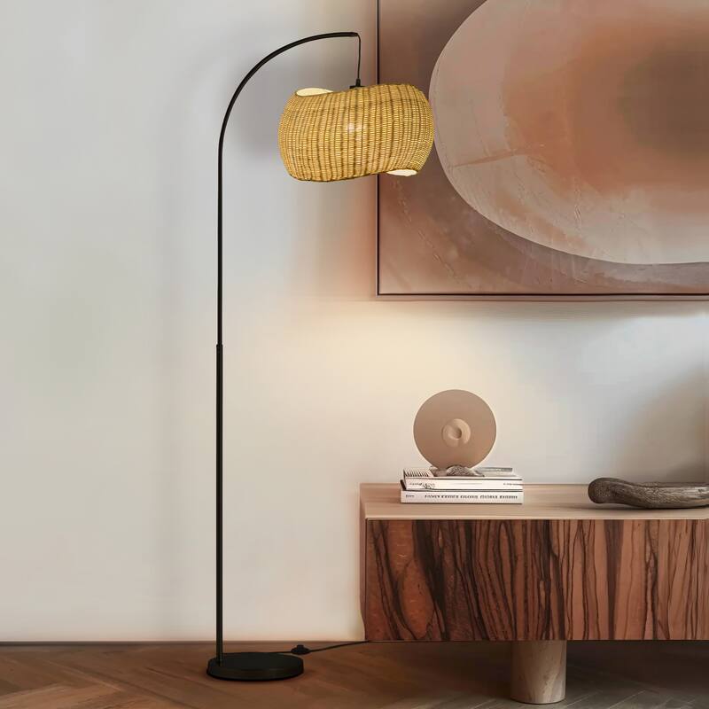 Brightech Wave 81 in. Mid-Century Modern LED Super Bright Floor Lamp with Beige Bamboo Drum Shade