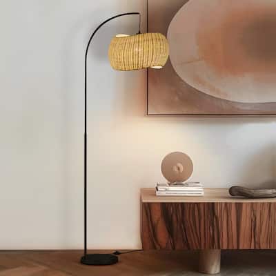Brightech Wave Pendant 78" Classic Matte Black Mid-Century 9W 800Lm 3000K LED Modern Arc Floor Lamp With Beige Rattan Drum Shade