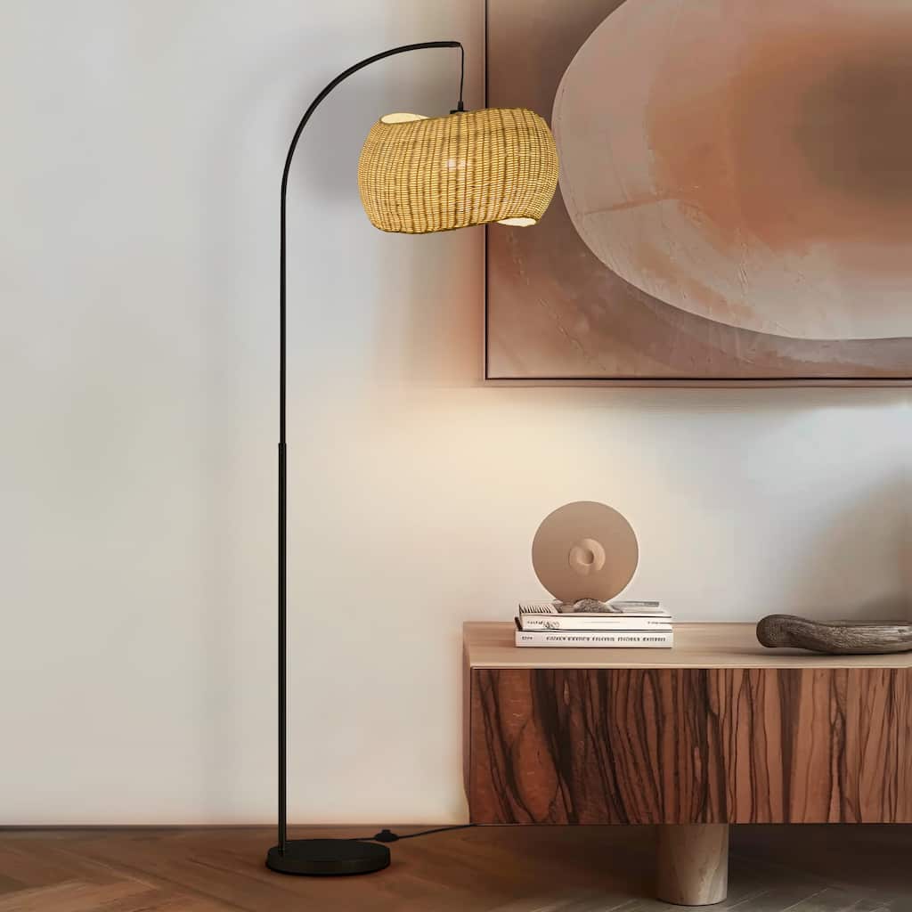 Brightech Wave Pendant 78" Classic Matte Black Mid-Century 9W 800Lm 3000K LED Modern Arc Floor Lamp With Beige Rattan Drum Shade