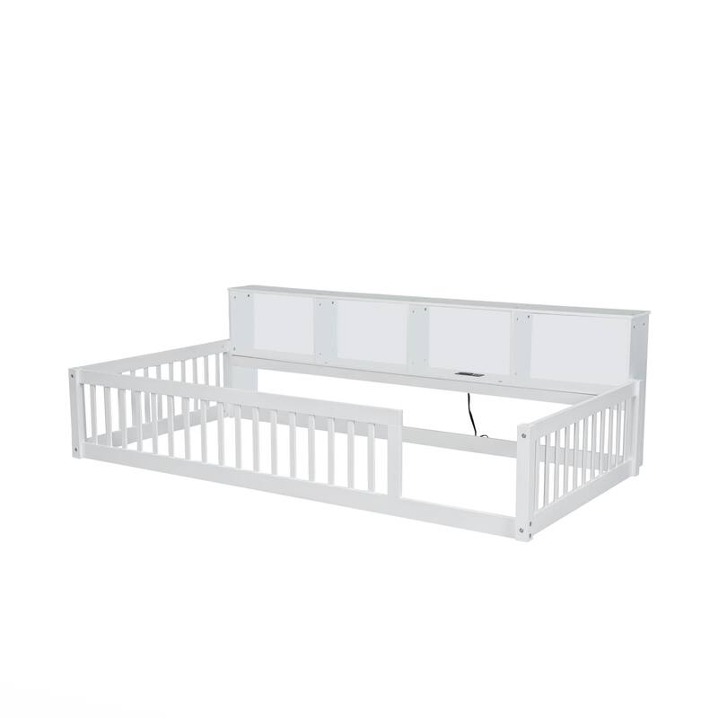 Wood Twin XL Size Floor Bed with Storage and USB Ports